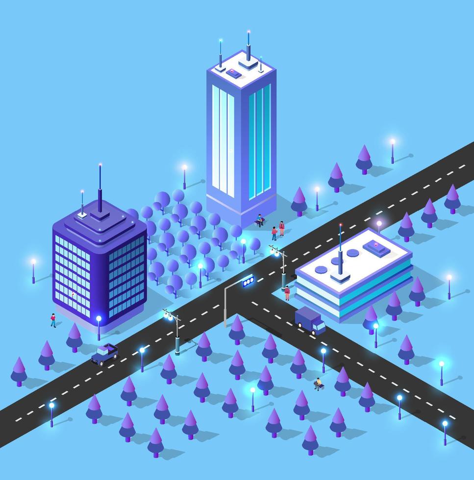 Night isometric smart blue ultraviolet city at night with lights. The town of the future is a futuristic background 3D illustration. vector