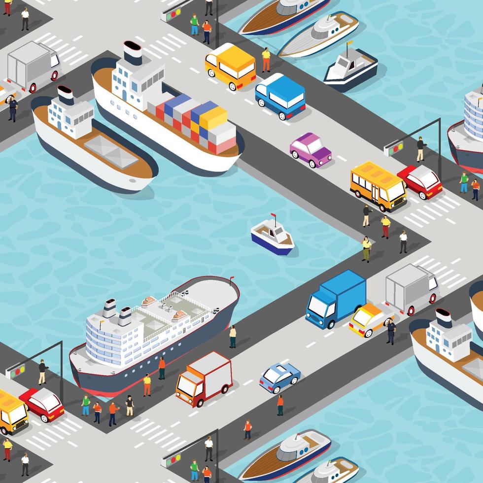 Isometric City industrial port with transport boat and naval ships nautical transport on the sea for travel vacation tourism 3D illustration. vector