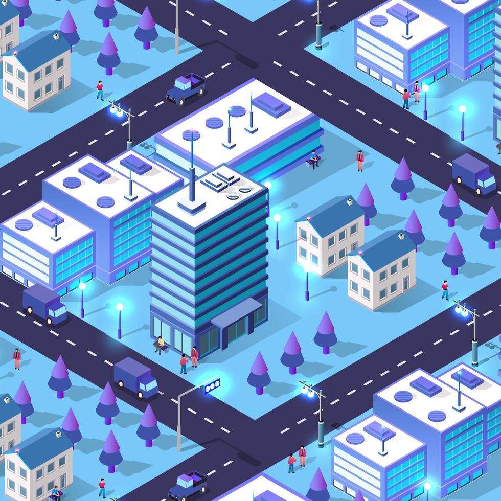 la noche ciudad fondo 3d ilustración neón ultravioleta de infraestructura urbana edificios isométricos vector