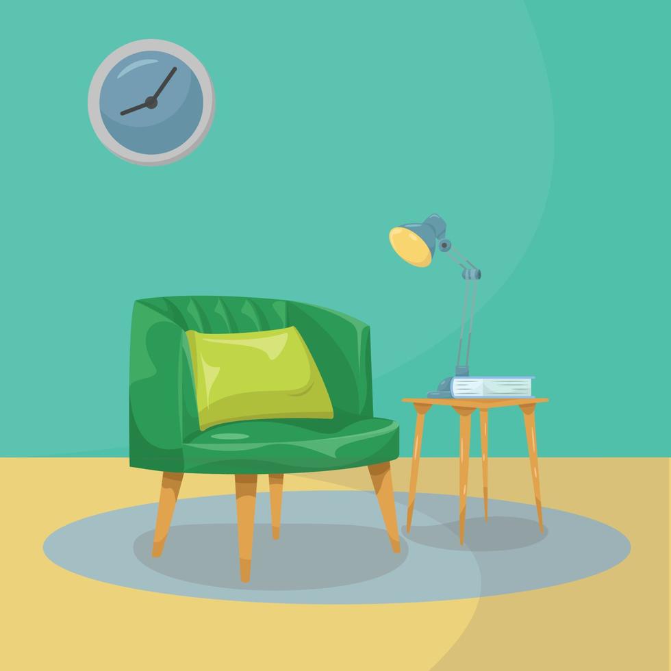 Living Room with Armchair with Pillow and Desk Lamp Illustration Vector