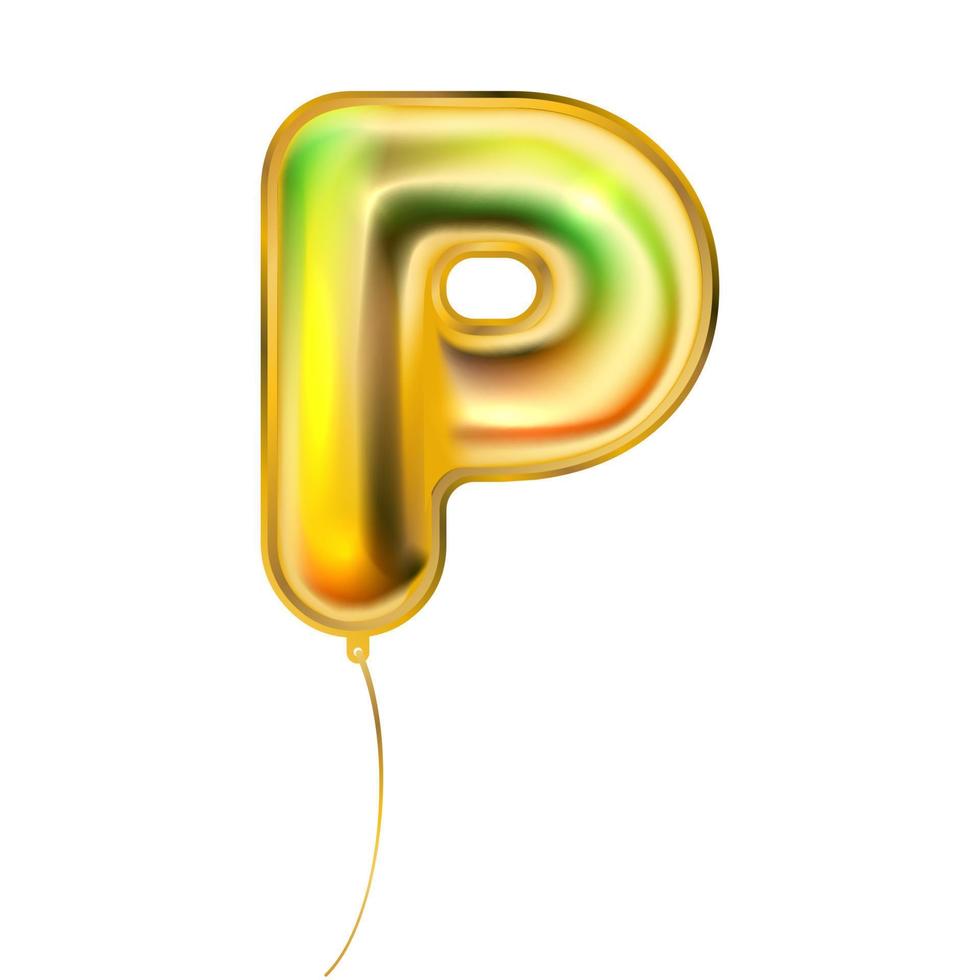 Gold metallic balloon, inflated alphabet symbol P vector