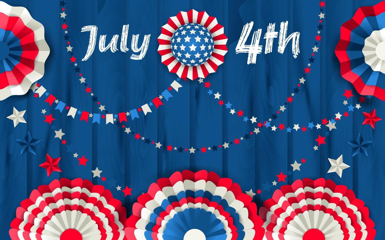 July 4 card with paper fans hanging on wooden fence vector