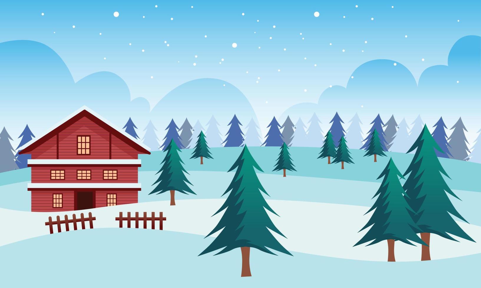 ilustración de fondo de paisaje navideño, diseño de tarjeta de navidad. escena navideña en temporada de invierno vector