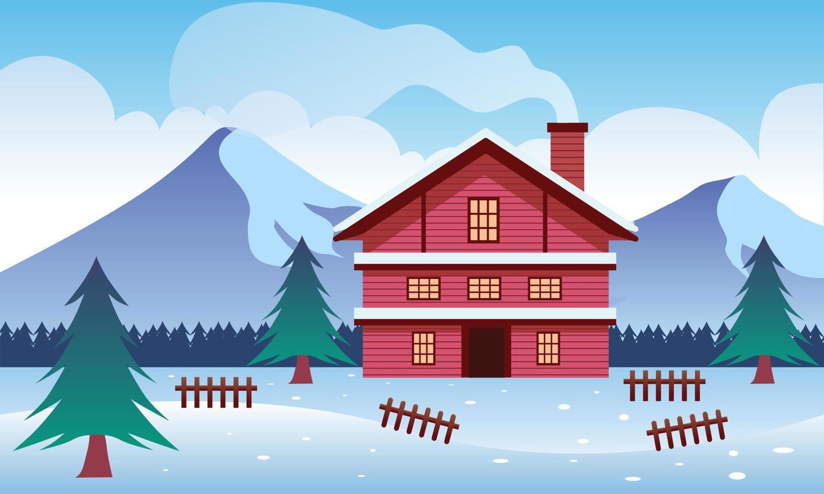 ilustración de fondo de paisaje navideño, diseño de tarjeta de navidad. escena navideña en temporada de invierno vector