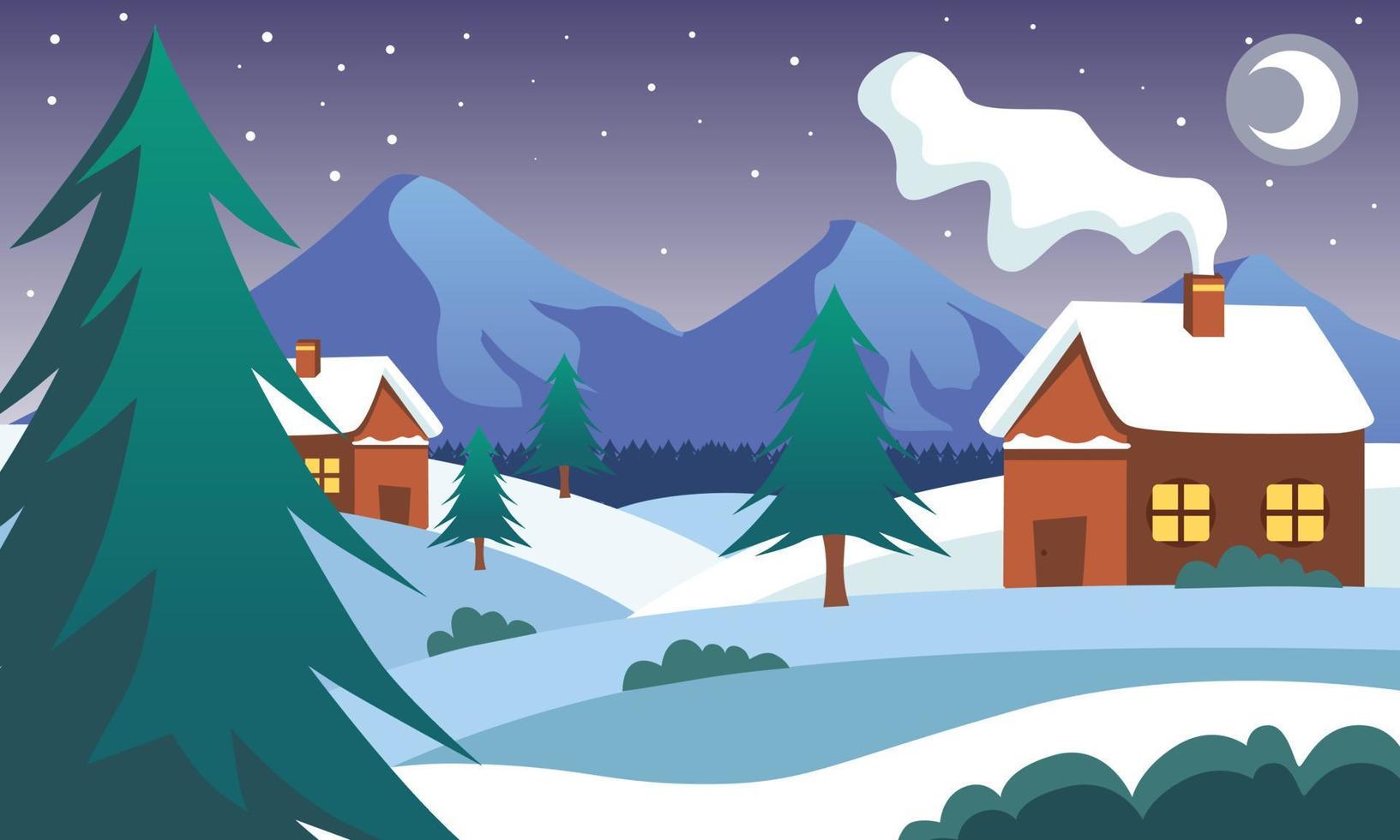 ilustración de fondo de paisaje navideño, diseño de tarjeta de navidad. escena navideña en temporada de invierno vector