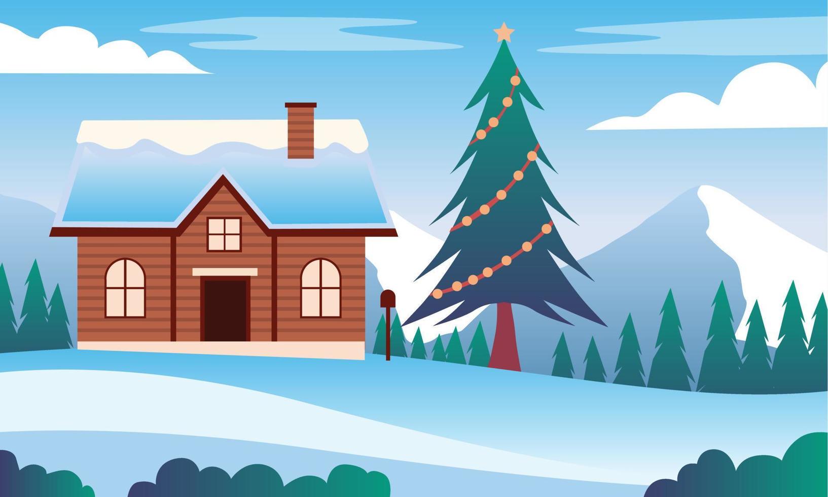 ilustración de fondo de paisaje navideño, diseño de tarjeta de navidad. escena navideña en temporada de invierno vector