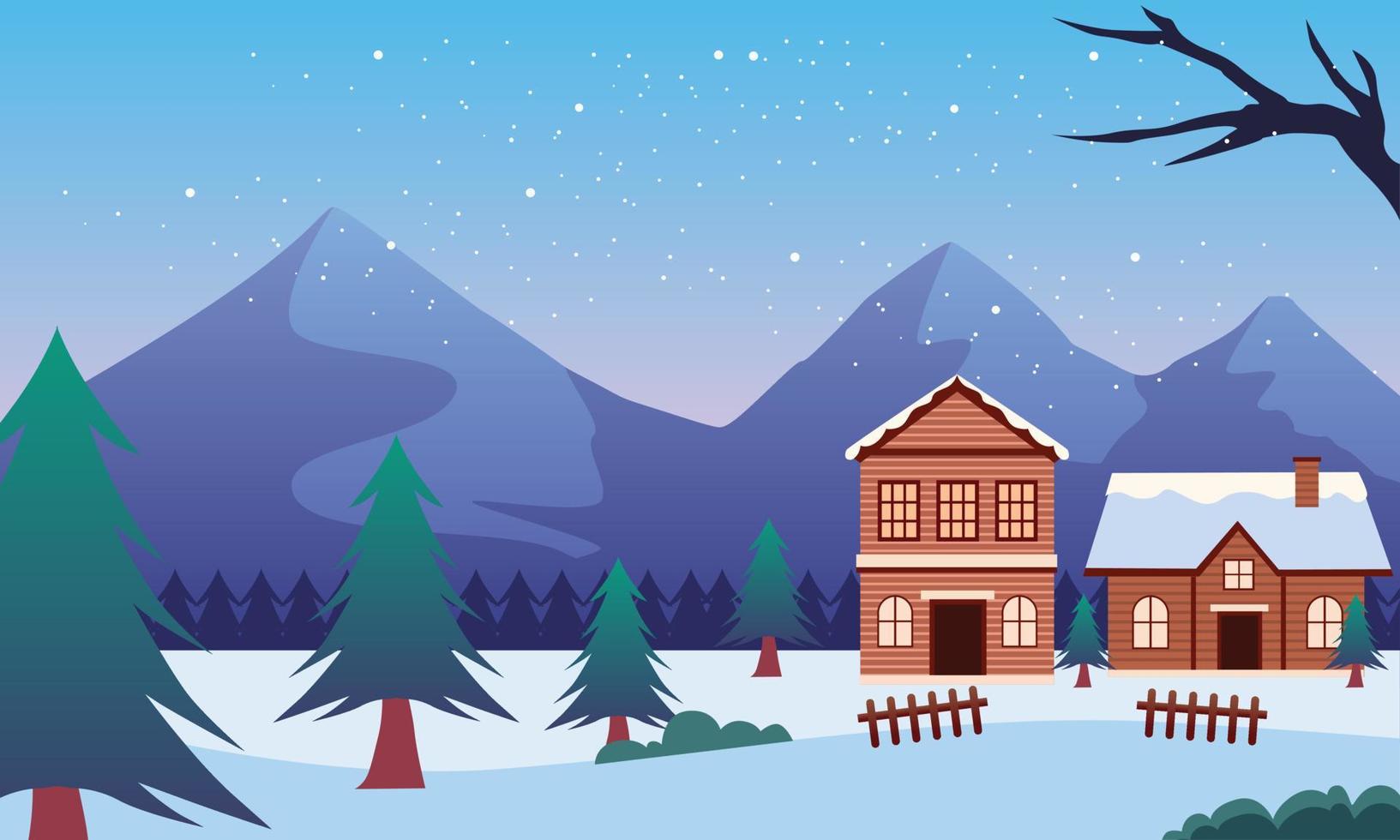 ilustración de fondo de paisaje navideño, diseño de tarjeta de navidad. escena navideña en temporada de invierno vector