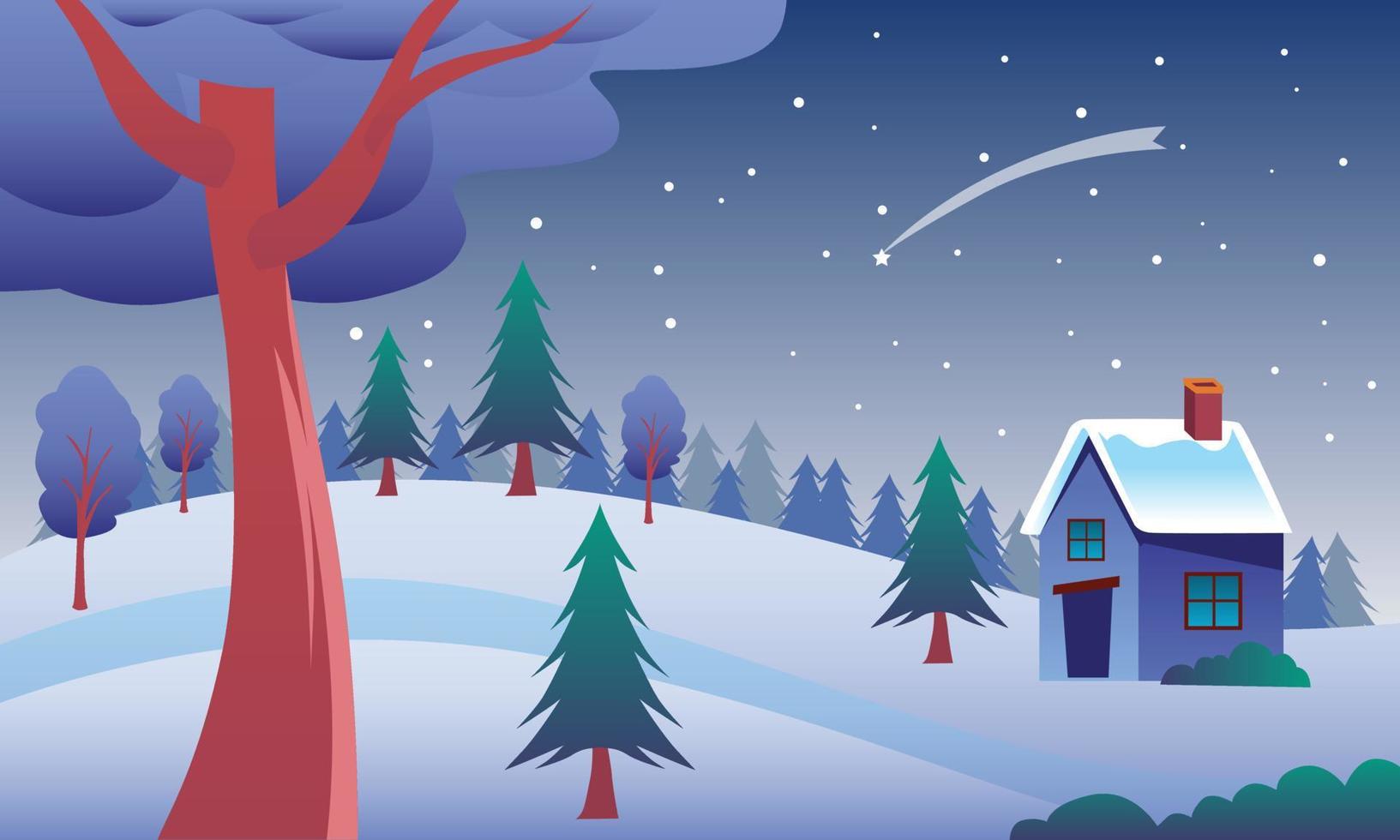 ilustración de fondo de paisaje navideño, diseño de tarjeta de navidad. escena navideña en temporada de invierno vector