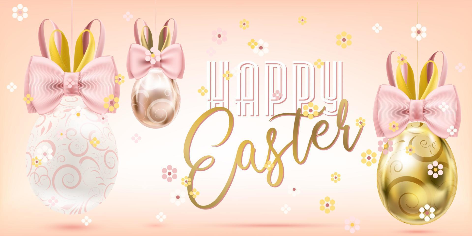 Easter Cute Golden Eggs with Bunny Bow in confetti vector