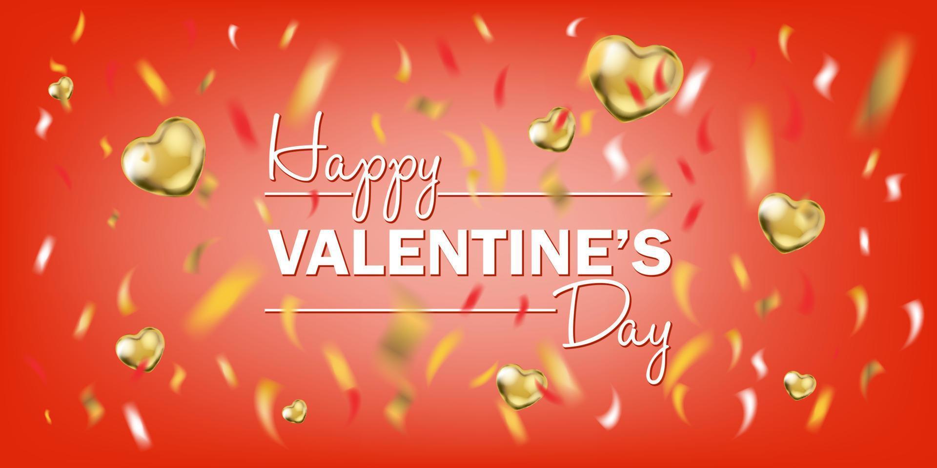 Red and Gold Foil Heart Shape Balloons and Happy Valentines Day Lettering with confetti vector