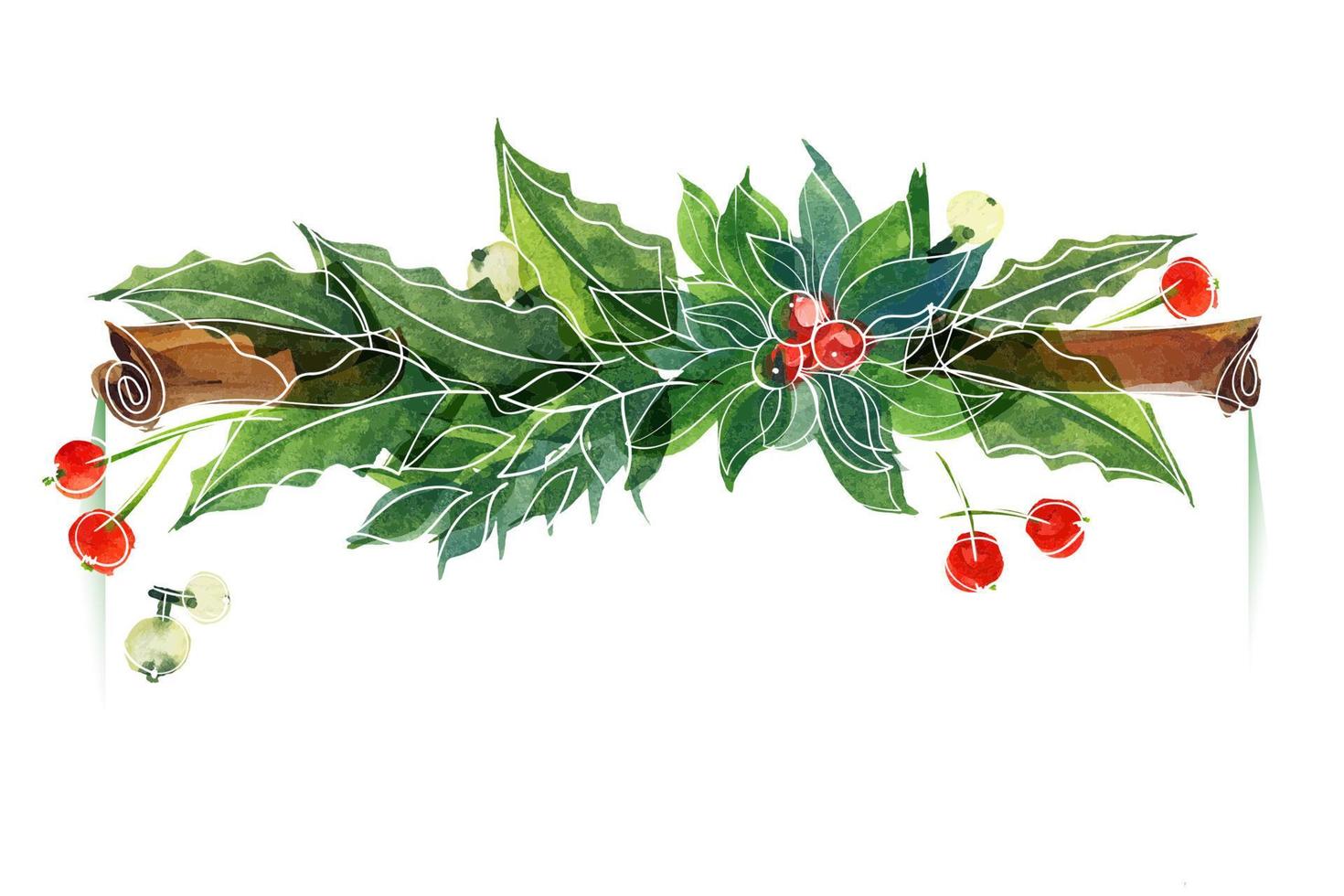 Christmas floral vignette with holly and cinnamon vector