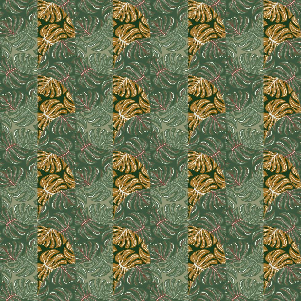 Doodle monstera mosaic seamless pattern. Botanical leaf endless wallpaper. Creative palm leaves tile. vector