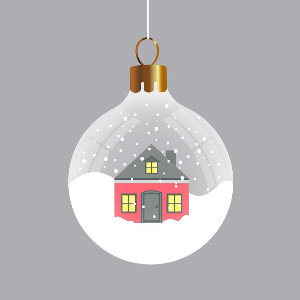 Christmas snowball with a house. Transparent glass ball. Vector illustration, graphic design.