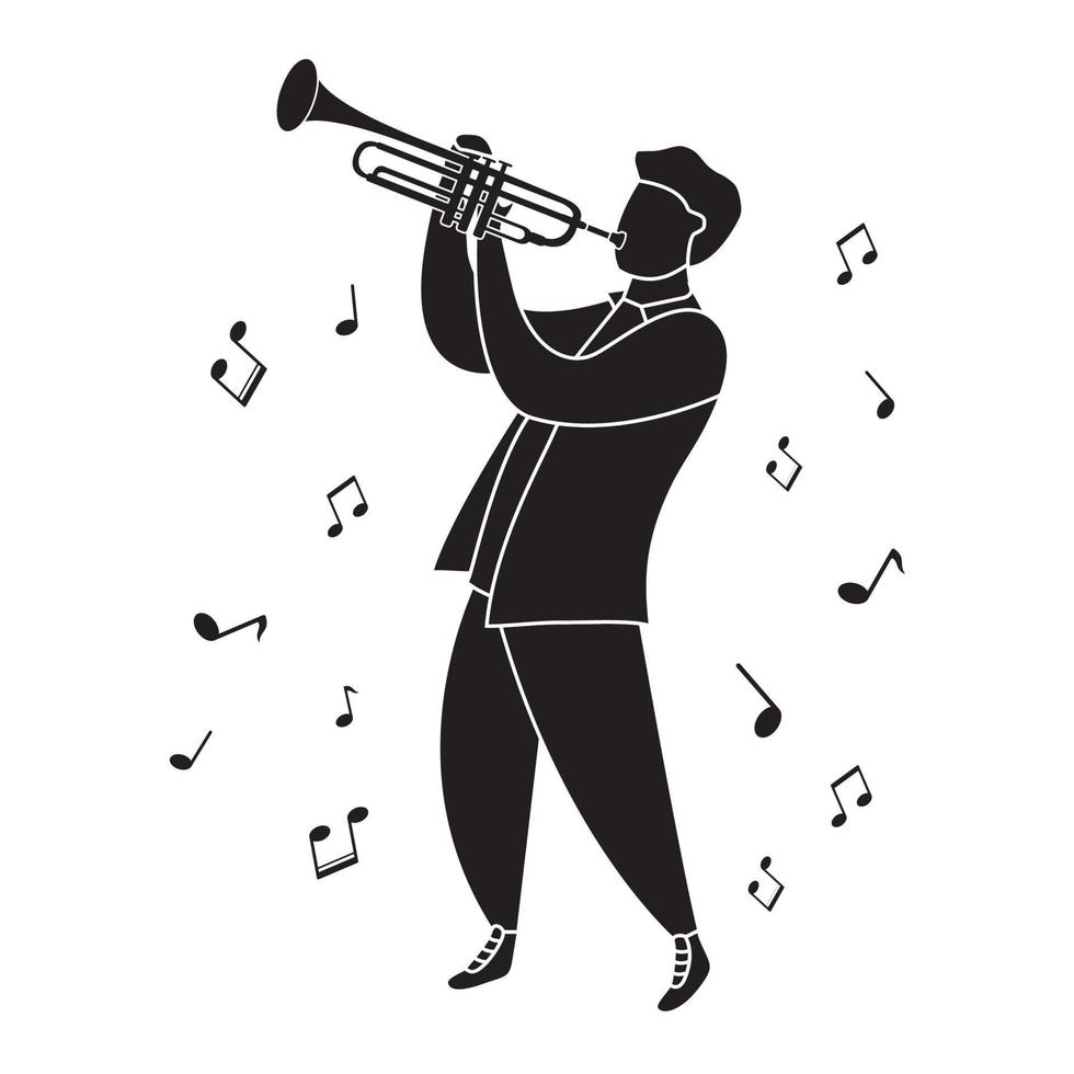 Man playing the trumpet. Musical jazz instrument. Black silhouette Flat vector illustration.Isolated on white background.