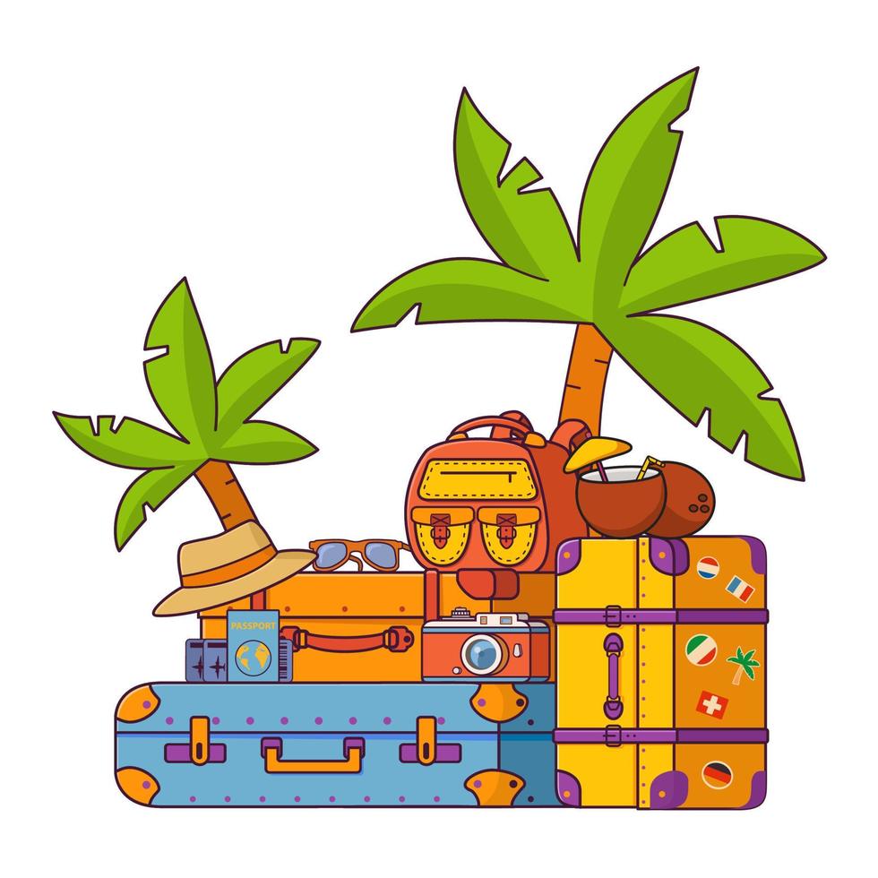 maletas llenas de palmeras y mochilas. vacaciones de verano en un resort tropical. cóctel de coco con paja y sombrilla. billetes de avión y pasaporte. viaje con cámara y sombrero. equipaje. vector