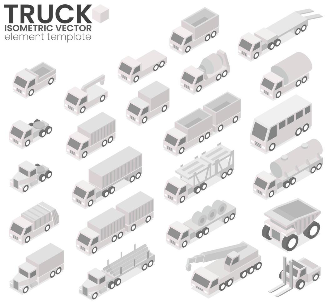 vector isométrico del camión como ilustración de diseño plano vector isométrico tridimensional de varios tipos de camiones en la plantilla de escala de grises