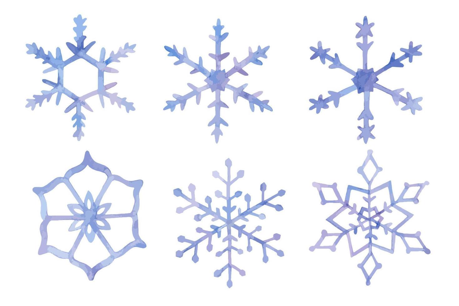 Watercolor set of winter light blue Snowflakes. Hand painted collection of Snow Flakes on white isolated background. Drawing for Christmas or New Year cards vector