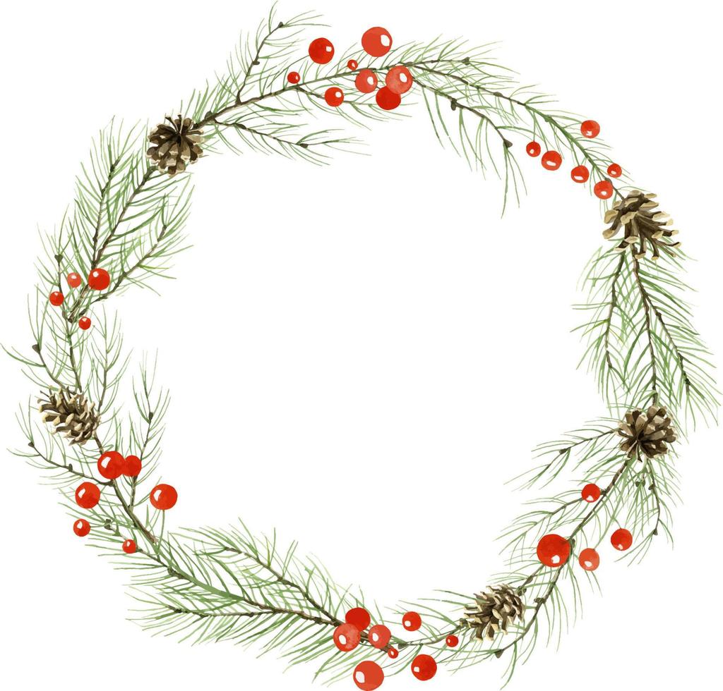 Watercolor Christmas Wreath with pine or fir branches and red holly berry. Hand drawn illustration of Circle frame for text on white isolated background vector