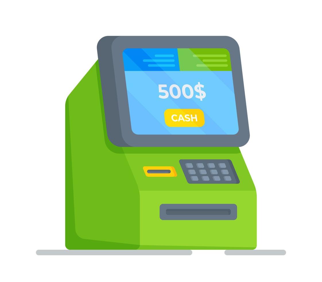 Vector illustration of an isolated green ATM machine on a white background.