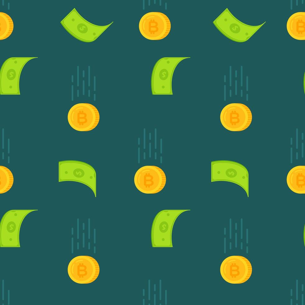 Vector illustration of flying bills and bitcoins pattern. Money Wallpaper.