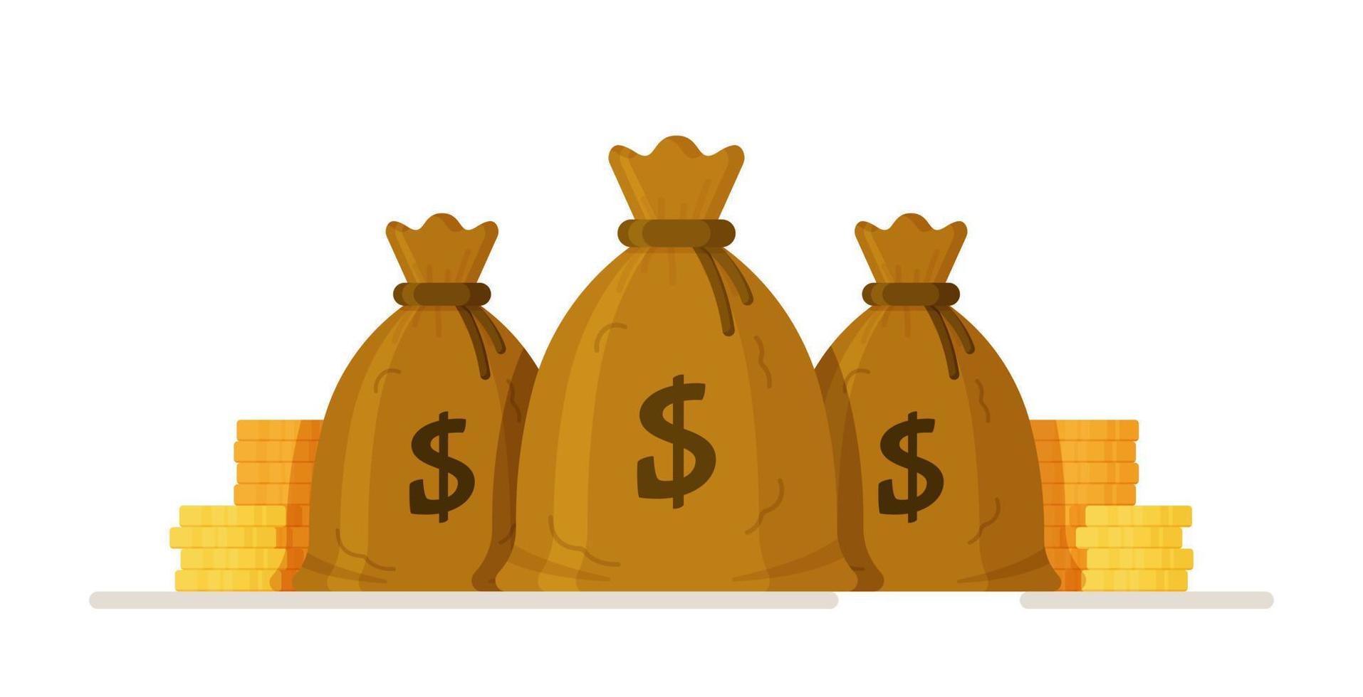 Moneybag or money bag next to a stack of coins. vector