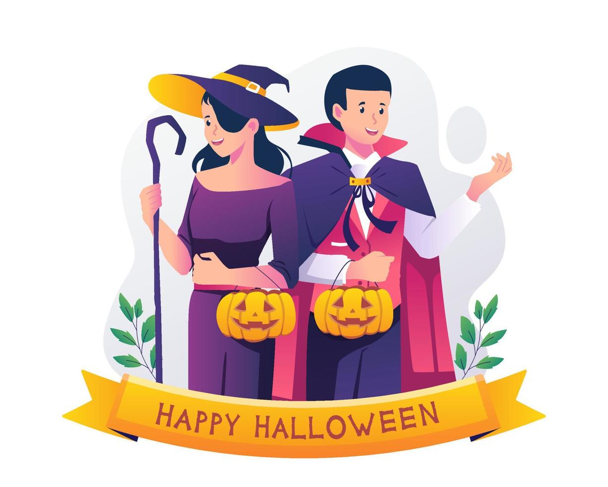 feliz halloween con un hombre en drácula y una mujer con un vestido de bruja llevan calabazas para celebrar la noche de halloween. ilustración vectorial en estilo plano vector