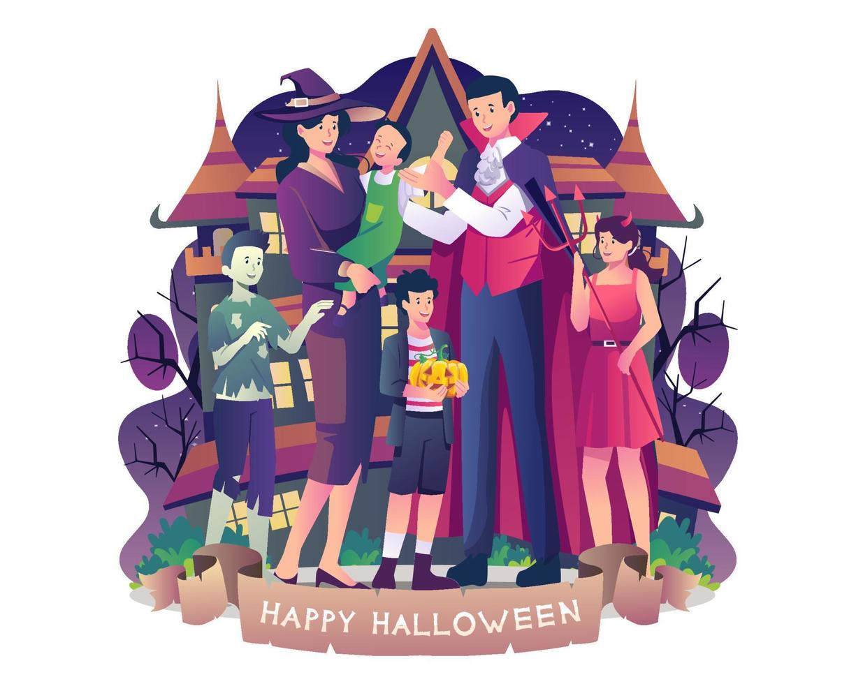 familia feliz vistiendo disfraces celebrando la noche de halloween juntos. padres e hijos disfrazados de vampiro, bruja, zombi y pirata. ilustración vectorial en estilo plano vector