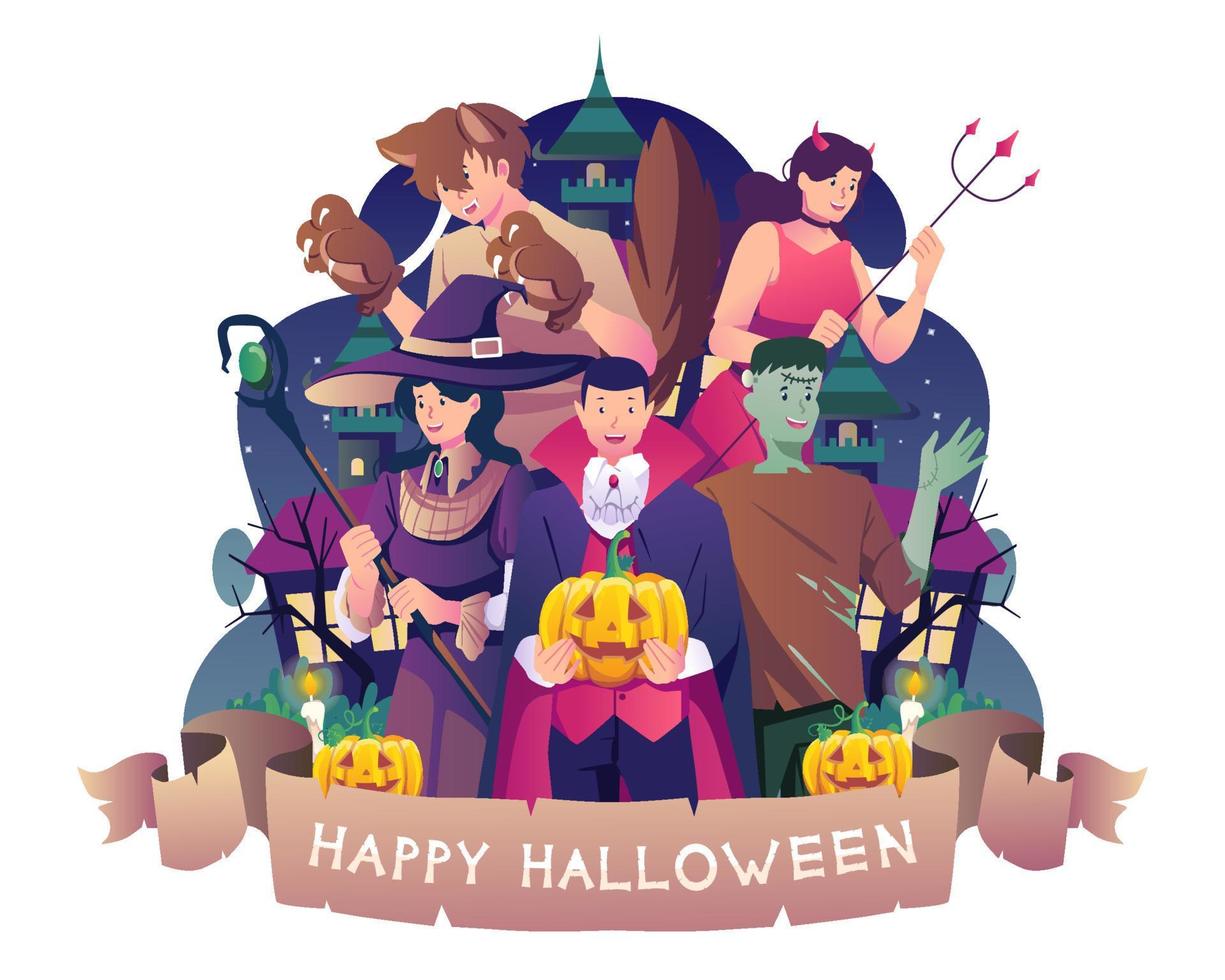 People in costumes as vampire, witch, skeleton, werewolves and zombie celebrating Halloween. Vector illustration in flat style