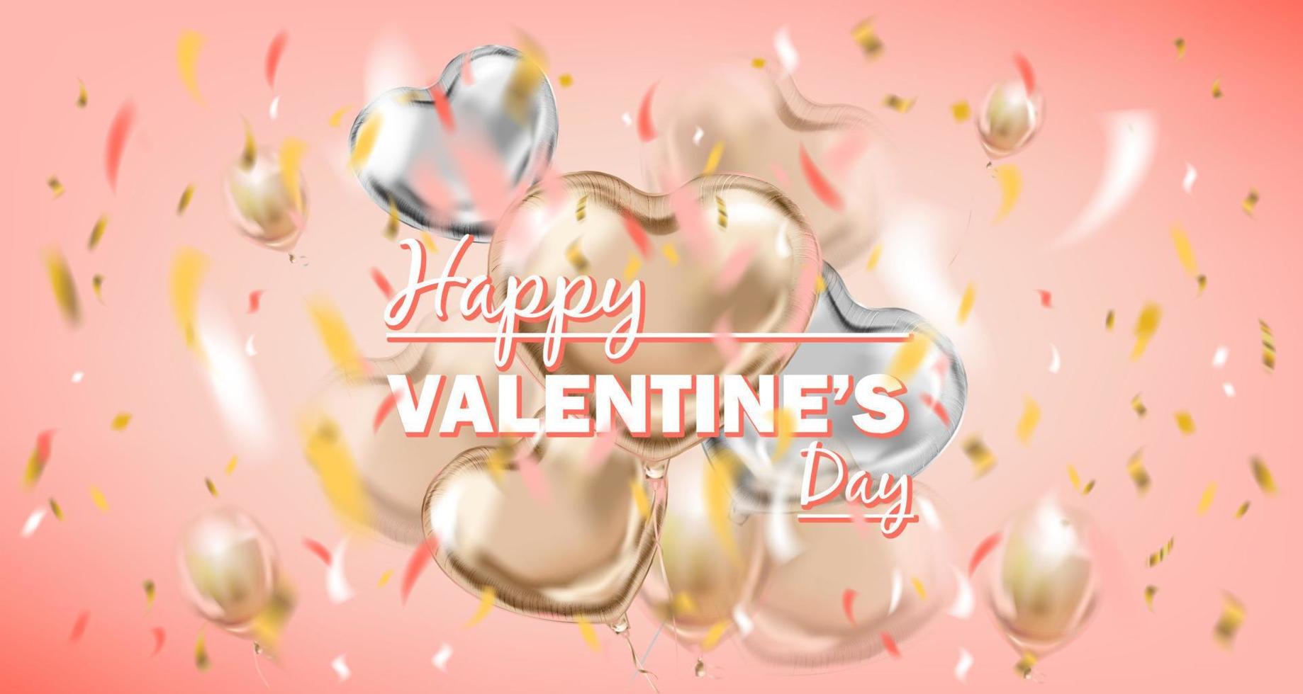 tarjeta rosa feliz día de san valentín con globos de aire metálicos vector