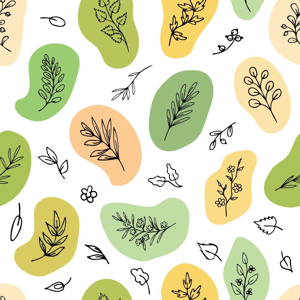 Seamless Pattern Made of Leaves, Twigs, Herbs in Eco Colour Shapes. Hand Drawn Design for Prints on Paper, Fabric vector