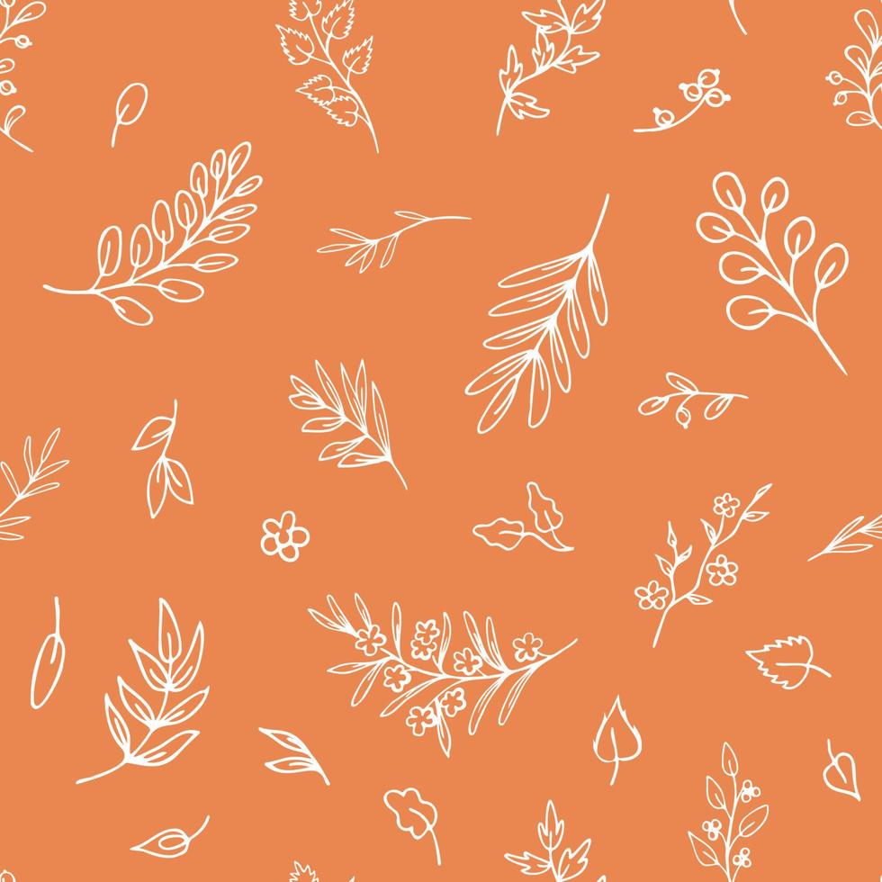 White Outlines of Leaves, Twigs, Herbs on Peach Colour Background. Hand Drawn Seamless Pattern for Prints on Paper, Fabric vector