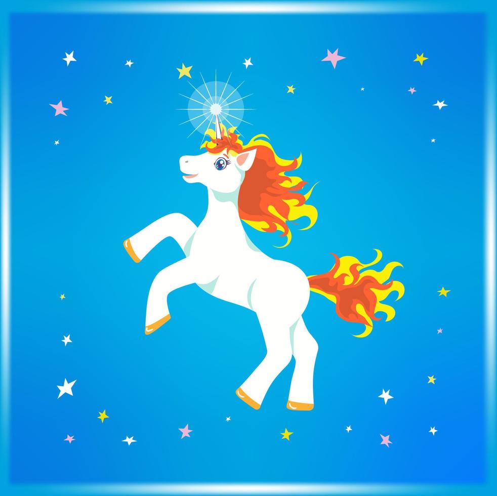 alegre caricaturista blanco unicornio de ojos azules con melena y cola amarilla y naranja, saltando en estrellas coloridas vector