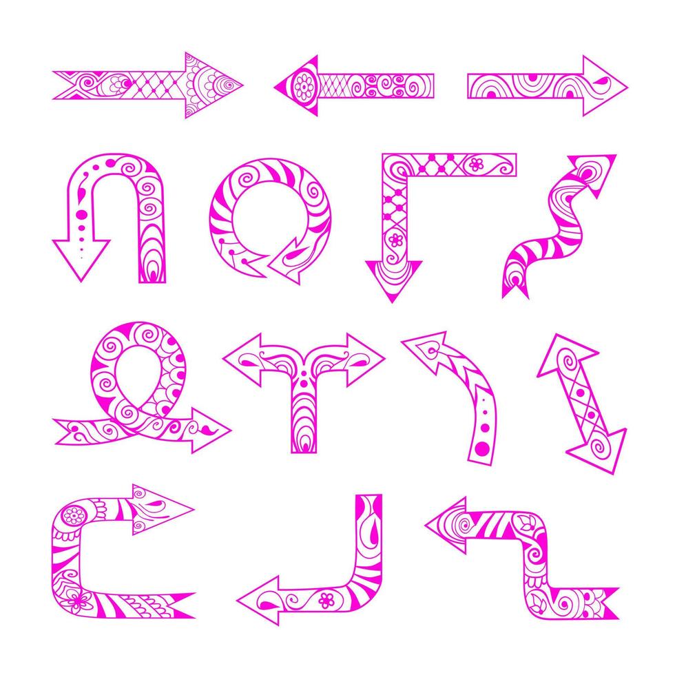 Hand-Drawn Decorative Ethnic Mehendi Style Arrows. Set of Pink Ornate Elements on White Background vector