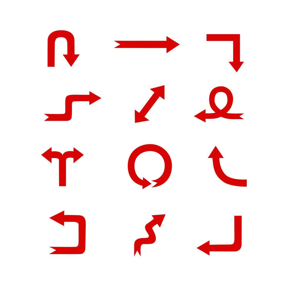 flechas rojas simples que apuntan en varias direcciones. conjunto de elementos dibujados a mano vector