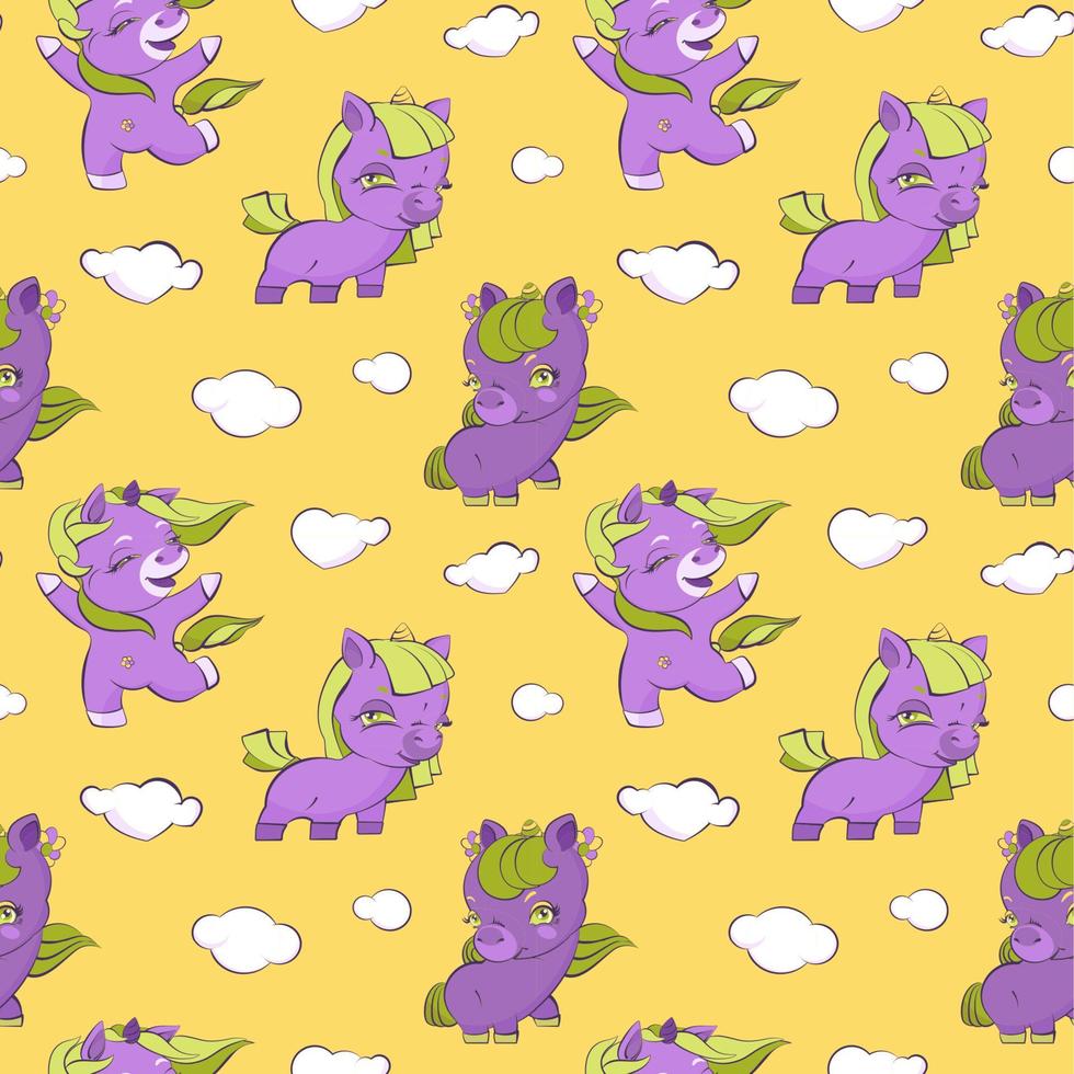 Cute little purple unicorns in the yellow sky, seamless pattern vector