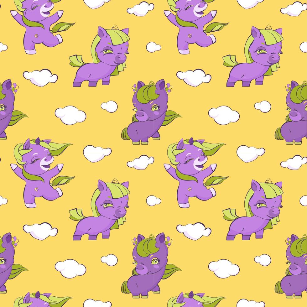 Cute little purple unicorns in the yellow sky, seamless pattern vector