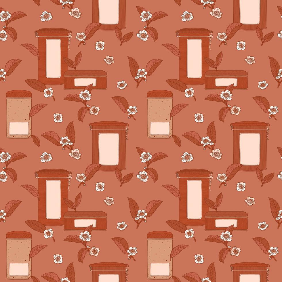 Brown seamless pattern with tea boxes and flowers vector