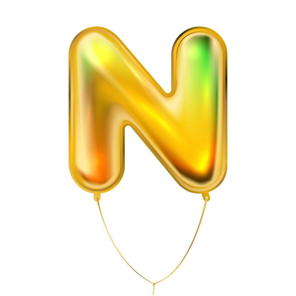 Gold metallic balloon, inflated alphabet symbol N vector