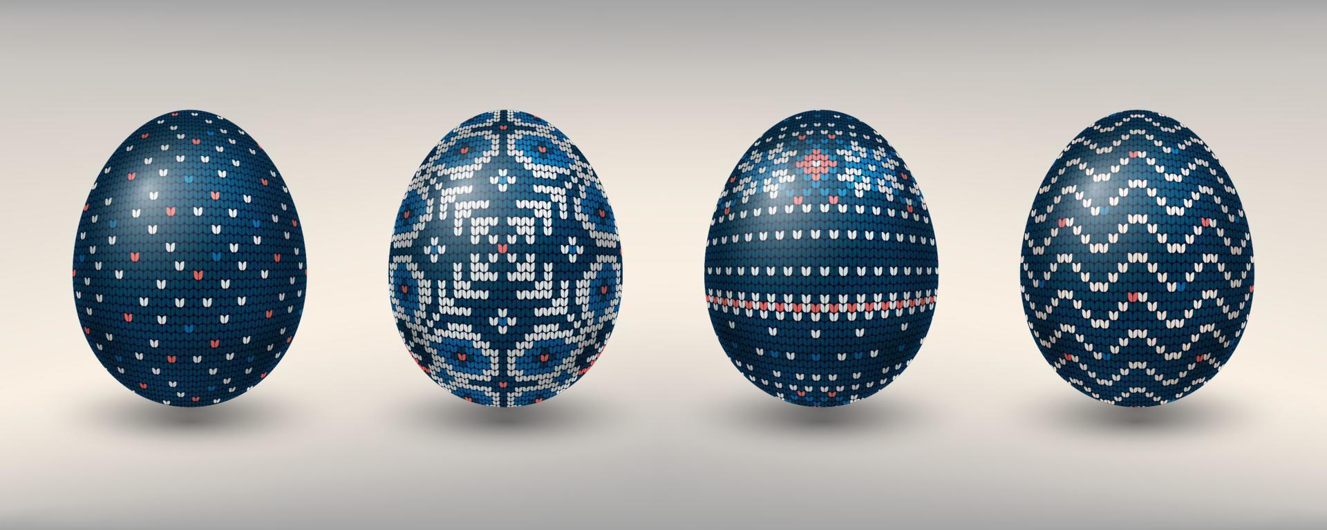 Paschal eggs decorated with blue knitting patterns vector