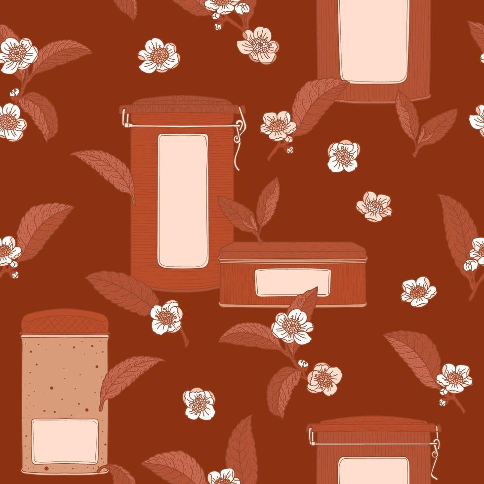 Tea boxes and flowers seamless pattern vector