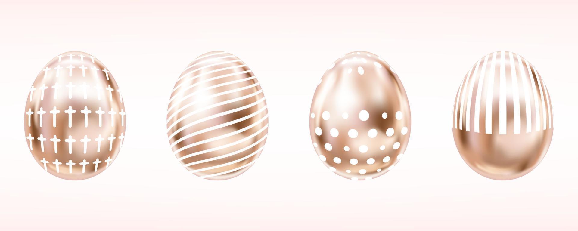 Four glance metallic eggs in pink color wit white cross, dots and stripes. Isolated objects for Easter vector