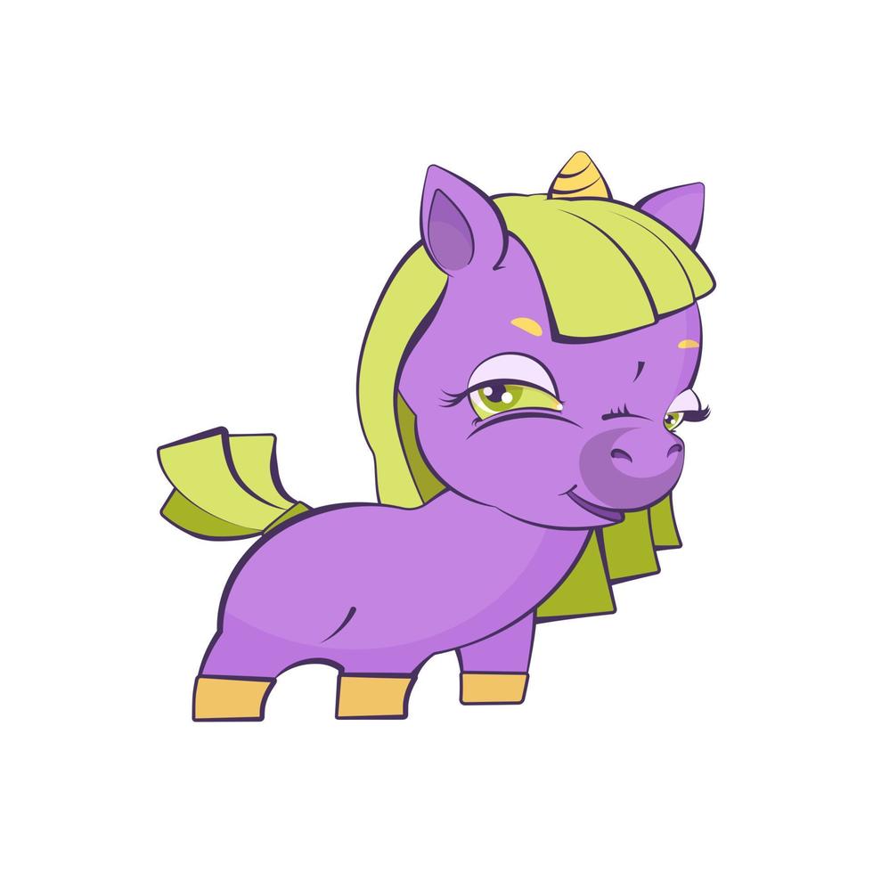 linda niña violeta unicornio con cabello verde vector