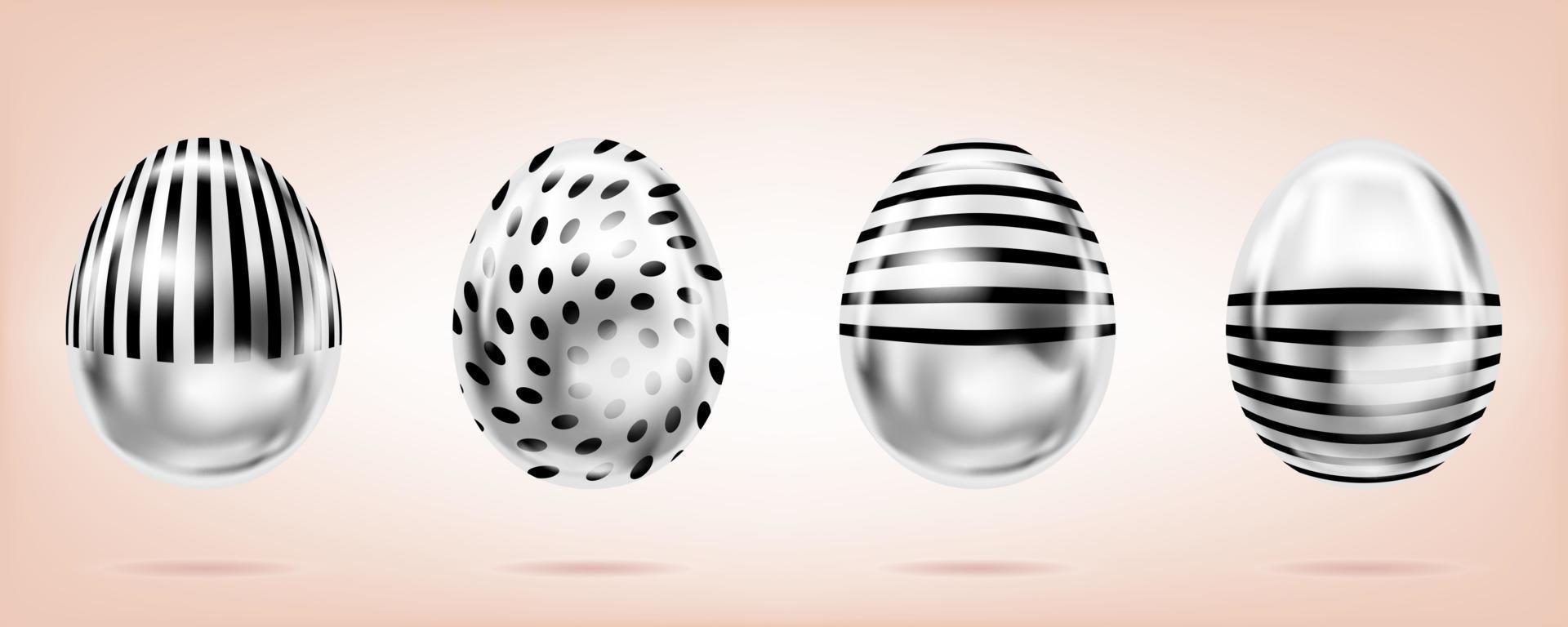 Four silver eggs on the pink background. Isolated objects for Easter. Stripes and dots ornate vector