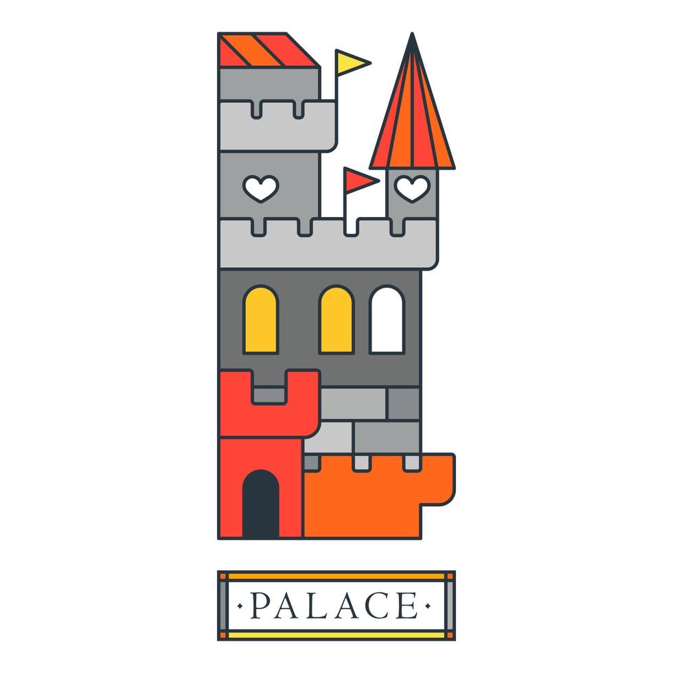 fortaleza medieval del dragón del corazón. palacio de fantasía con torres y banderas vector