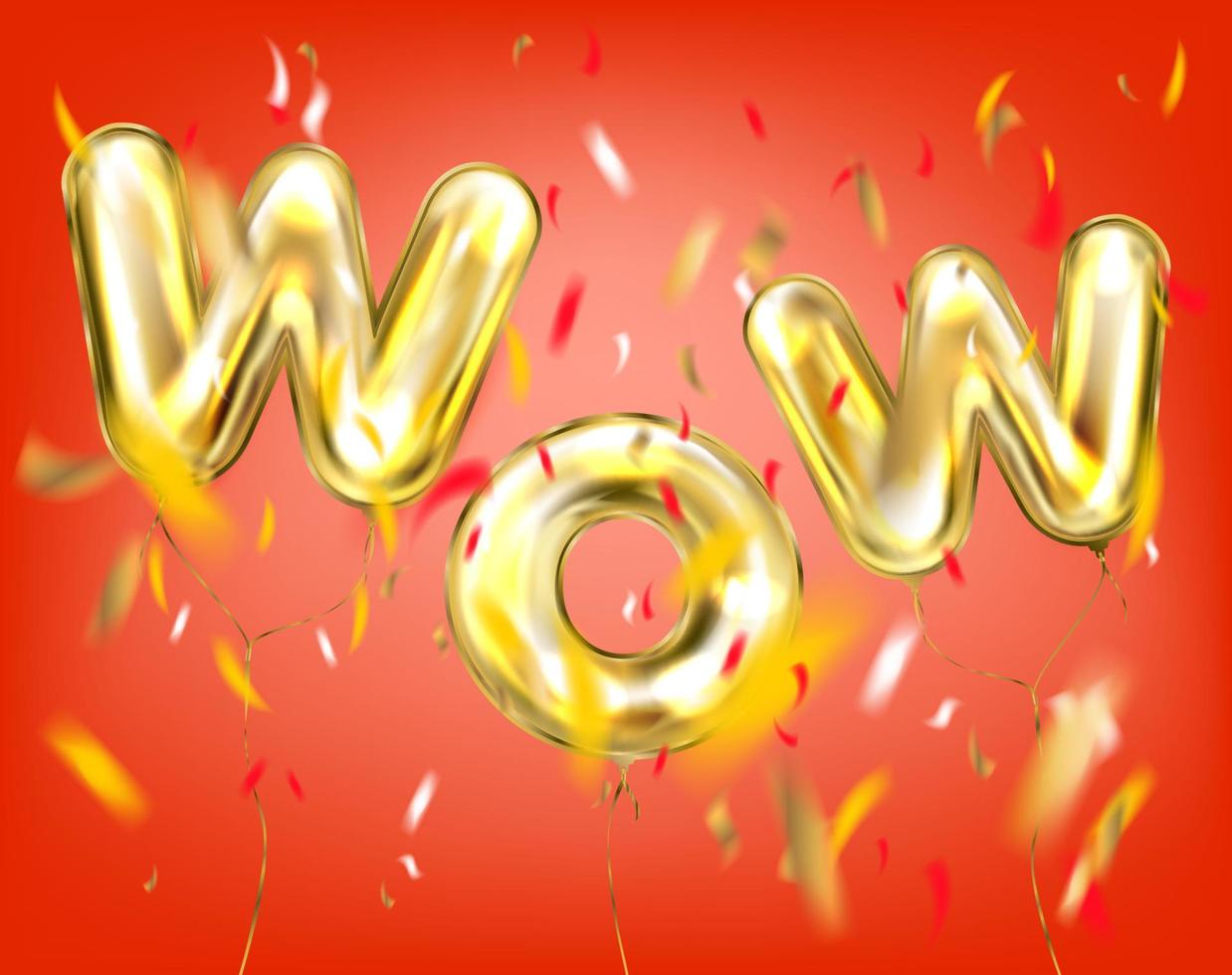 wow letras con globos dorados en rojo vector