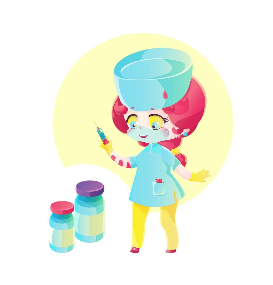 Cute girl nurse with a syringe and two vaccine vials vector