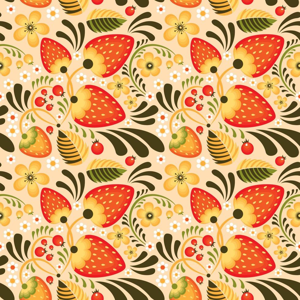 Strawberry and Flowers in Khokhloma style vector