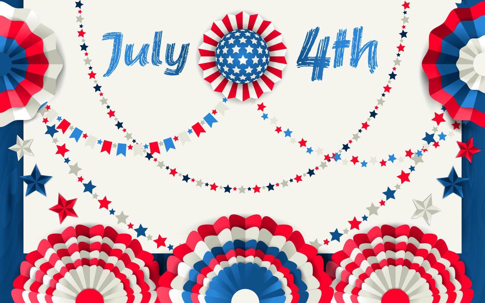 July 4 card with paper fans hanging on wooden fence vector