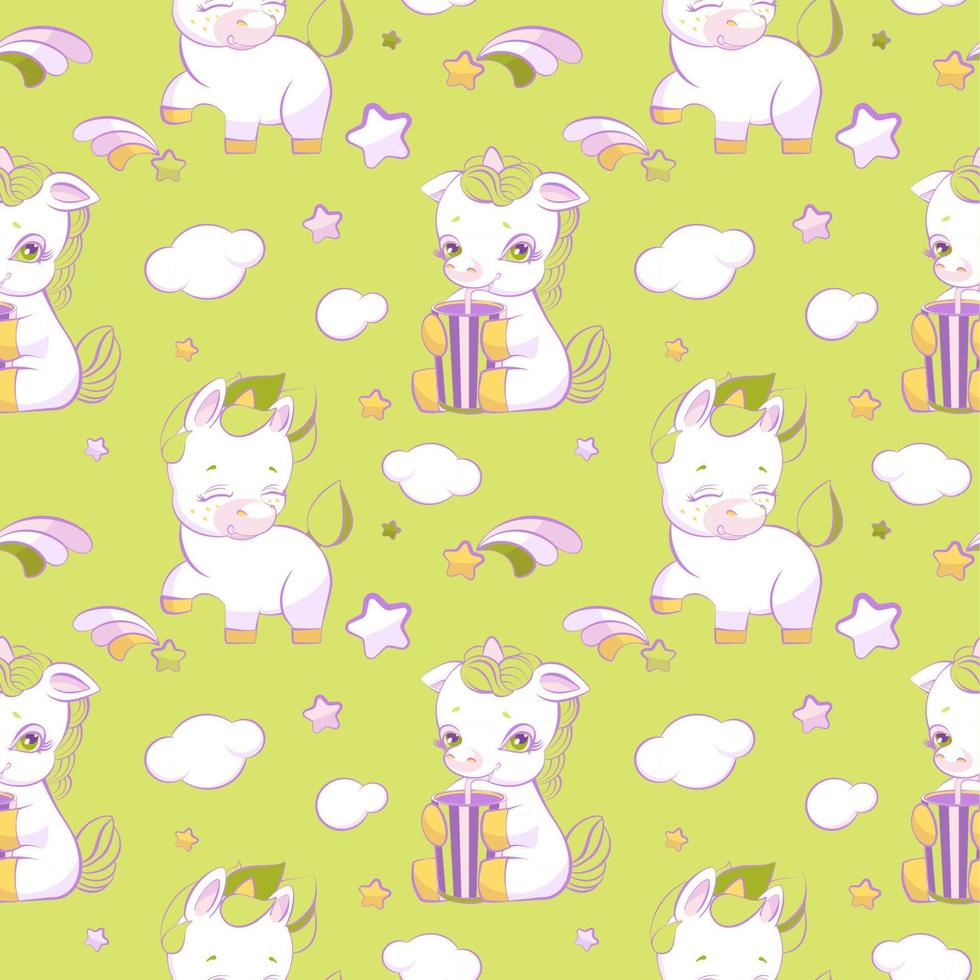 Cute little unicorns green seamless pattern vector