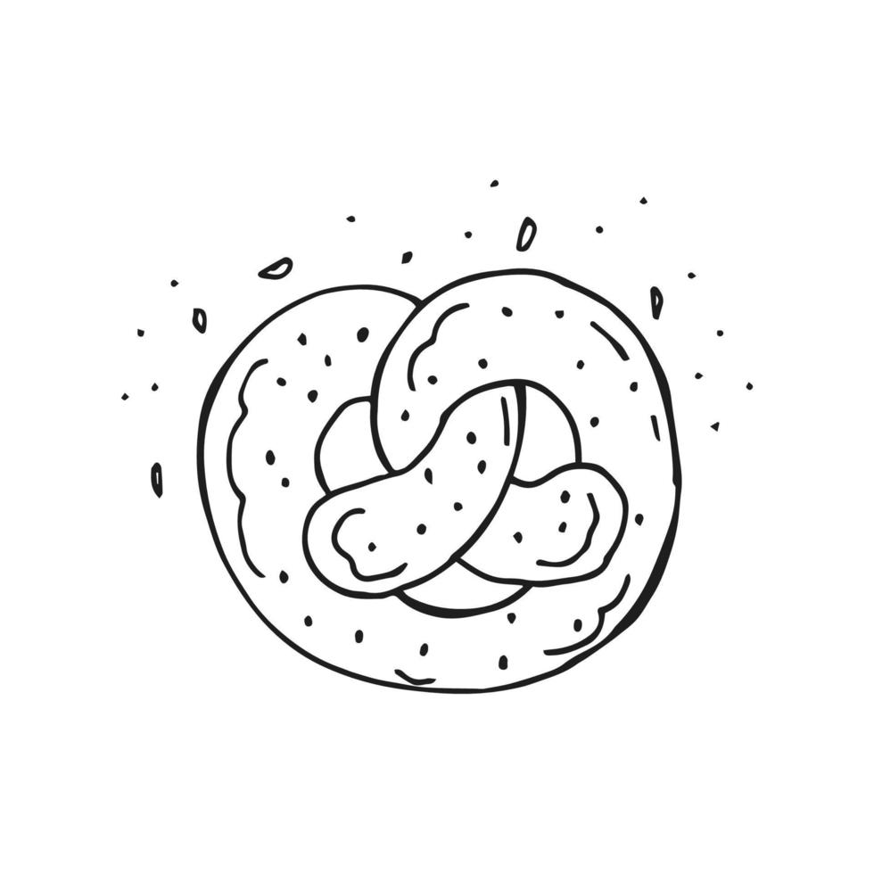 Oktoberfest 2022 - Beer Festival. Hand-drawn Doodle outline brezel with sesame seeds on a white background. German Traditional holiday. vector